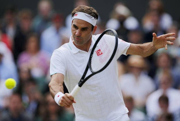 Mandatory Credit: Photo by Shutterstock (12194410ar) Roger Federer of Switzerland in action Wimbledon Tennis Championships, Day 6, The All England Lawn Tennis and Croquet Club, London, UK - 03 Jul 2021 Wimbledon Tennis Championships, Day 6, The All England Lawn Tennis and Croquet Club, London, UK - 03 Jul 2021  Copyright: xShutterstockx 12194410ar