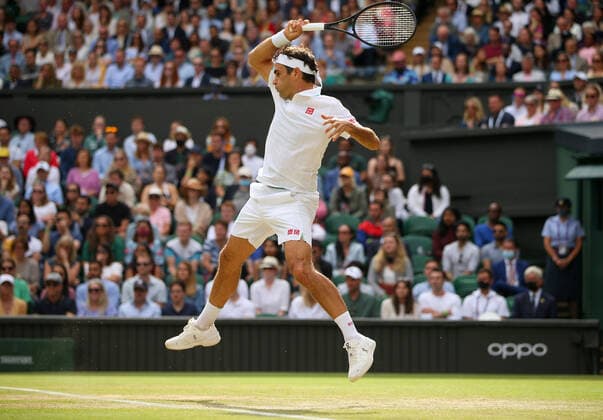 Mandatory Credit: Photo by Shutterstock (12194410cm) Roger Federer of Switzerland in action Wimbledon Tennis Championships, Day 6, The All England Lawn Tennis and Croquet Club, London, UK - 03 Jul 2021 Wimbledon Tennis Championships, Day 6, The All England Lawn Tennis and Croquet Club, London, UK - 03 Jul 2021  Copyright: xShutterstockx 12194410cm
