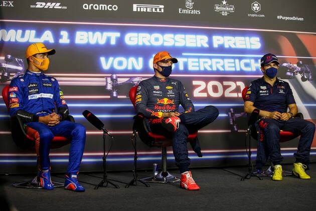 F1 Grand Prix of Austria 4 Lando Norris (GBR, McLaren F1 Team), 33 Max Verstappen (NED, Red Bull Racing), 11 Sergio Perez (MEX, Red Bull Racing), F1 Grand Prix of Austria at Red Bull Ring on July 3, 2021 in Spielberg, Austria. (Photo by Joao Filipe DPPI FIA Pool via HOCH ZWEI) Spielberg Austria Poolfoto HOCH ZWEI Pool Joao Filipe DPP ,EDITORIAL USE ONLY