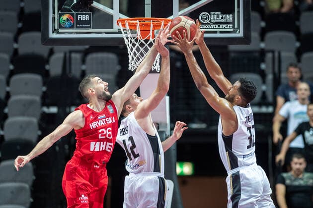 Basketball Split 03 07 2021 Olympic Qualification FIBA Olympic Qualifying Tournament 2020 Semifinals Germany GER Croatia CRO Johannes Thiemann Germany, No 32 Andreas Obst Germany, No 42 Luka Babic Croatia, No 26
