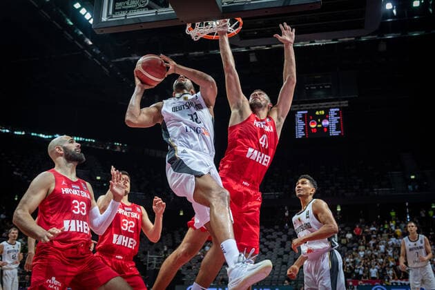 Basketball Split 03 07 2021 Olympic Qualification FIBA Olympic Qualifying Tournament 2020 Semifinals Germany GER Croatia CRO Johannes Thiemann Germany, No 32 Ante Zizic Croatia, No 41