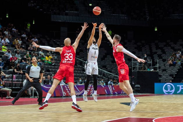 Basketball Split 03 07 2021 Olympic Qualification FIBA Olympic Qualifying Tournament 2020 Semifinals Germany GER Croatia CRO Joshiko Saibou Germany, No 01 Zeljko Sakic Croatia, No 33