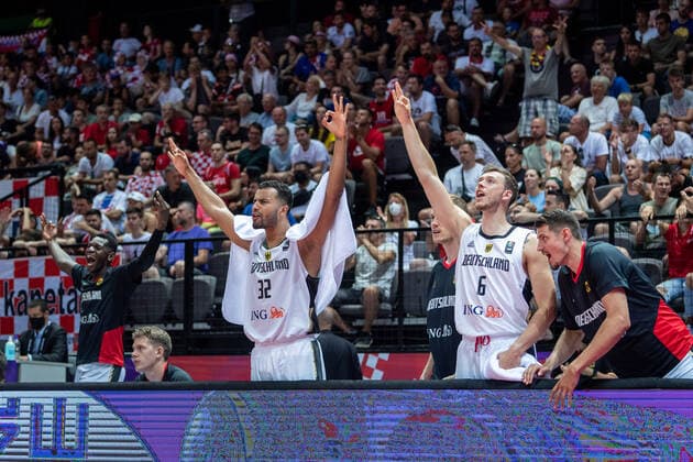 Basketball Split 03 07 2021 Olympic Qualifying FIBA Olympic Qualifying Tournament 2020 Semifinals Germany GER Croatia CRO Cheers Johannes Thiemann Germany, No 32 Jan Niklas Wimberg Germany, No 06 Lukas Wank Germany, No 19