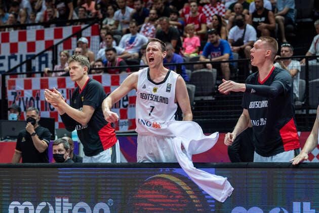 Basketball Split 03 07 2021 Olympic Qualification FIBA Olympic Qualifying Tournament 2020 Semifinals Germany GER Croatia CRO Cheers Moritz Wagner Germany, No 13 Johannes Voigtmann Germany, No 07 Robin Benzing Germany, No 12 vlnr