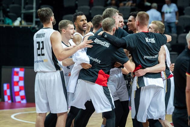 Basketball Split 03 07 2021 Olympic Qualification FIBA Olympic Qualifying Tournament 2020 Semifinals Germany GER Croatia CRO Germany cheering after the game about the victory