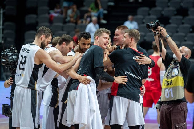 Basketball Split 03 07 2021 Olympic Qualification FIBA Olympic Qualifying Tournament 2020 Semifinals Germany GER Croatia CRO Cheering Germany after the game about the victory Moritz Wagner Germany, No 13 Jan Niklas Wimberg Germany, No 06 Robin Benzing Germany, No 12 Johannes Thiemann Germany, No 32 Johannes Voigtmann Germany, No 07 Danilo Barthel Germany, No 22 and others.