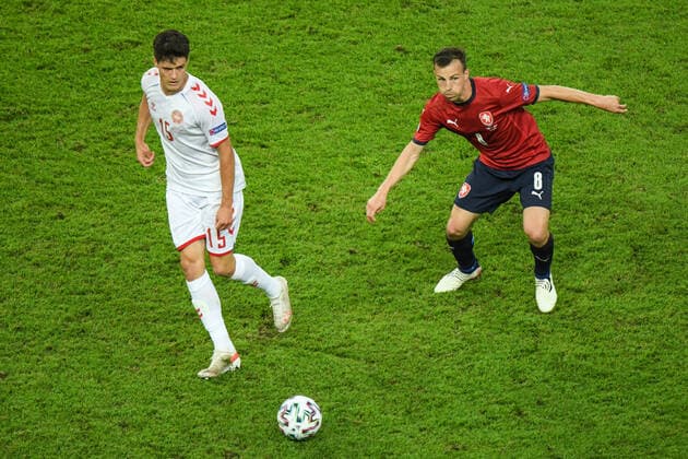 Darida(8) of Czech Republic fights for the ball with Norgaard(15) of Denmark during the Euro 2020 Quarter Final match between Czech Republic v Denmark at Baku Olimpiya Stadionu on July 3, 2021 in Baku, Azerbaijan.  Copyright: xx