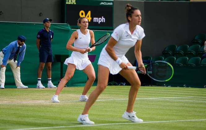 Mandatory Credit: Photo by Rob Prange Shutterstock (12194627cc) Sara Sorribes Tormo & Paula Badosa of Spain playing doubles at the 2021 Wimbledon Championships Grand Slam tennis tournament Wimbledon Tennis Championships, Day 6, The All England Lawn Tennis and Croquet Club, London, UK - 03 Jul 2021 Wimbledon Tennis Championships, Day 6, The All England Lawn Tennis and Croquet Club, London, UK - 03 Jul 2021  Copyright: xRobxPrange Shutterstockx 12194627cc
