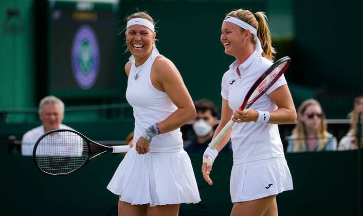 Mandatory Credit: Photo by Rob Prange Shutterstock (12194627br) Marie Bouzkova of the Czech Republic playing doubles with Lucie Hradecka at the 2021 Wimbledon Championships Grand Slam tennis tournament Wimbledon Tennis Championships, Day 6, The All England Lawn Tennis and Croquet Club, London, UK - 03 Jul 2021 Wimbledon Tennis Championships, Day 6, The All England Lawn Tennis and Croquet Club, London, UK - 03 Jul 2021  Copyright: xRobxPrange Shutterstockx 12194627br