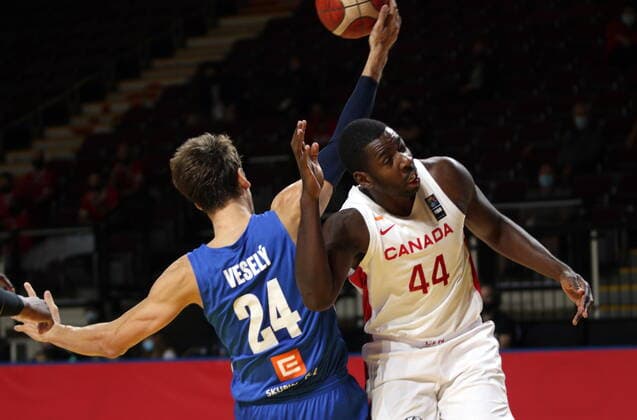 July 3, 2021, Victoria, BC, Canada: Canada s Andrew Nicholson, right, and Czech Republic s Jan Vesely juggle the ball during first half FIBA Men s Olympic Qualifying semi-final basketball action at Memorial Arena in Victoria, Saturday, July 3, 2021. Andrew Nicholson ,Jan Vesely  - ZUMAc35_ 20210703_zaf_c35_010 Copyright: xChadxHipolitox