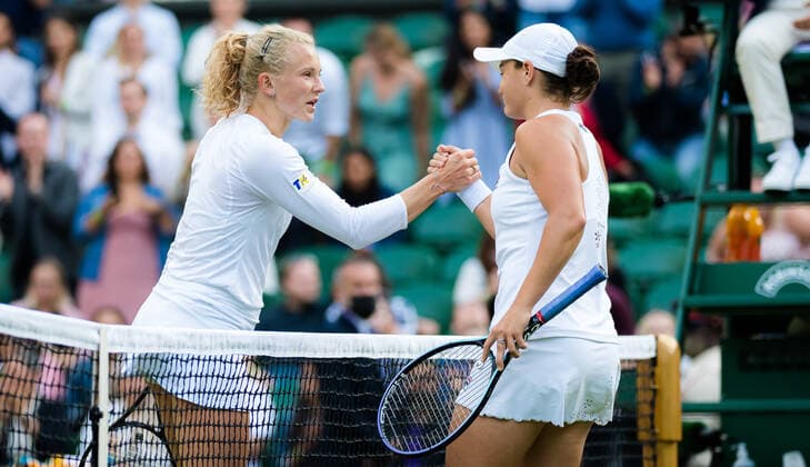 July 3, 2021: Katerina Siniakova of the Czech Republic & Ashleigh Barty of Australia in action during the third round at the 2021 Wimbledon Championships Grand Slam tennis tournament - ZUMAa181 20210703_zaa_a181_199 Copyright: xRobxPrangex