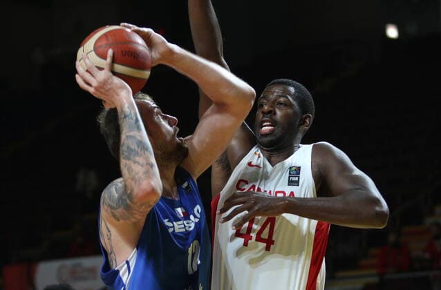 July 3, 2021, Victoria, BC, Canada: Canada s Andrew Nicholson, right, tries to block Czech Republic s Ondrej Balvin during first half FIBA Men s Olympic Qualifying semi-final basketball action at Memorial Arena in Victoria, Saturday, July 3, 2021. Andrew Nicholson,Ondrej Balvin  - ZUMAc35_ 20210703_zaf_c35_017 Copyright: xChadxHipolitox