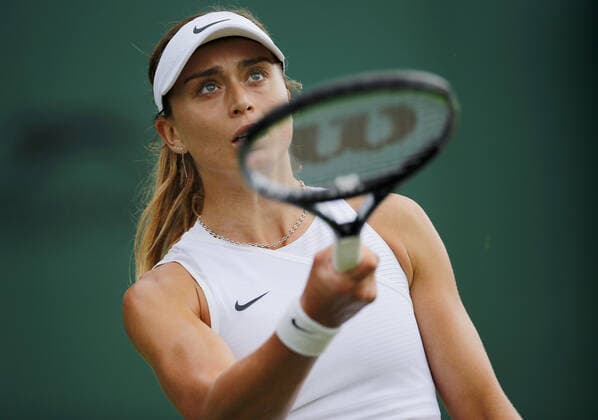 Mandatory Credit: Photo by Shutterstock (12194410cq) Paula Badosa of Spain in action Wimbledon Tennis Championships, Day 6, The All England Lawn Tennis and Croquet Club, London, UK - 03 Jul 2021 Wimbledon Tennis Championships, Day 6, The All England Lawn Tennis and Croquet Club, London, UK - 03 Jul 2021  Copyright: xShutterstockx 12194410cq