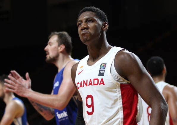 Sport Bilder des Tages July 3, 2021, Victoria, BC, Canada: Canada s RJ Barrett reacts after making a basket against the Czech Republic during overtime of FIBA Men s Olympic Qualifying semifinal basketball action at Memorial Arena in Victoria, B.C., on Saturday, July 3, 2021. RJ Barrett  - ZUMAc35_ 20210703_zaf_c35_023 Copyright: xChadxHipolitox