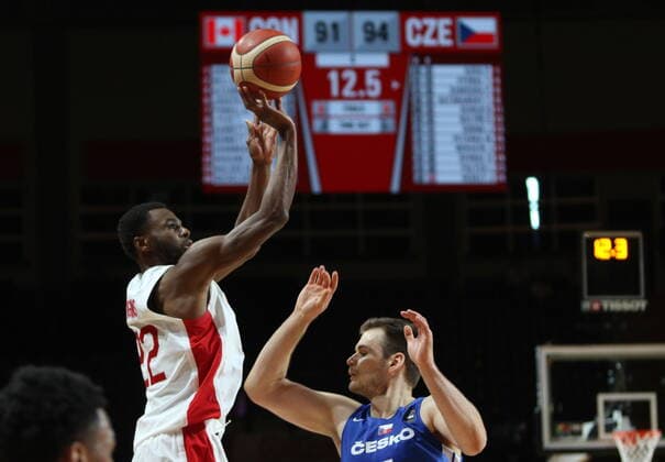 July 3, 2021, Victoria, BC, Canada: Canada s Andrew Wiggins makes the three-point shot to tie the game and force overtime against the Czech Republic during the second half of FIBA Men s Olympic Qualifying semifinal basketball action at Memorial Arena in Victoria, B.C., on Saturday, July 3, 2021. Andrew Wiggins  - ZUMAc35_ 20210703_zaf_c35_033 Copyright: xChadxHipolitox