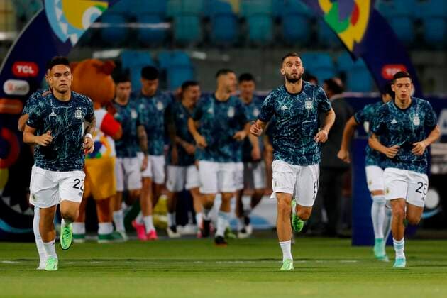 Argentina s players warm up prior to a match against Ecuador for the quarterfinals of the Copa America, at the Pedro Ludovico Teixeira Olympic Stadium in Goiania, Brazil, 03 July 2021. Argentina - Ecuador !ACHTUNG: NUR REDAKTIONELLE NUTZUNG!  Copyright: xFernandoxBizerraxJrx AMDEP6135 20210704-d9f5917f7452c6c5480821291fdc3f566d63a322