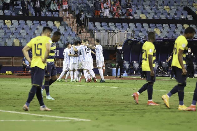 July 3, 2021, Goiania, Brazil: Lionel Messi of Argentine National Soccer Team celebrates his goal during soccer match between Argentina and Ecuador, valid for Quartas-Final of Copa America, at Pedro Ludovico Teixeira Olympic Stadium, in Goiania, on Saturday night (3).  Copyright: xLecoxVianax