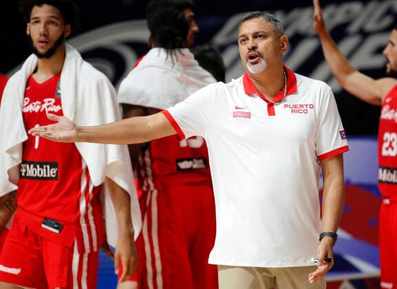 (210704) -- BELGRADE, July 4, 2021 -- Puerto Rico s head coach Eddie Casiano gestures during FIBA Olympic Qualifying Tournament basketball semi-final match between Serbia and Puerto Rico in Belgrade, Serbia on July 3, 2021. (Photo by Xinhua) (SP)SERBIA-BELGRADE-BASKETBALL-FIBA OQT-SEMI-FINALS-SERBIA VS PUERTO RICO PredragxMilosavljevic 