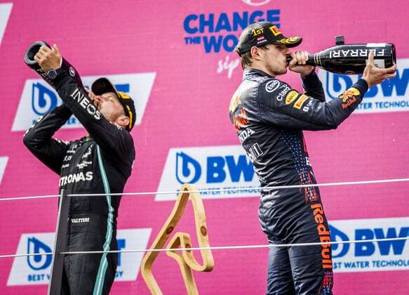 SPIELBERG Valtteri Bottas Mercedes and Max Verstappen Red Bull Racing on the podium after the Formula 1 Grand Prix of Austria The Grand Prix took place at the Red Bull Ring race track in the state of Styria REMKO DE WAAL W xVIxANPxSportx xxANPxIVx 433396906