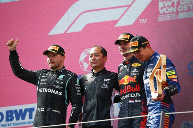 77 Valtteri Bottas FIN, Mercedes AMG Petronas F1 Team , Toyoharu Tanabe JPN, Technical Director of Honda Racing F1 , 33 Max Verstappen NED, Red Bull Racing , 4 Lando Norris GBR, McLaren F1 Team , F1 Grand Prix of Austria at Red Bull Ring on July 4, 2021 in Spielberg, Austria Photo by HOCH ZWEI Spielberg Austria