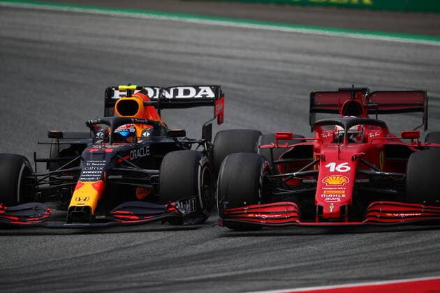 16 Charles Leclerc, Scuderia Ferrari under attack by segio perez (redbull) in the Formula 1 World Championship, WM, Weltmeisterschaft 2021, Austrian GP 1-4 July 2021  Copyright: xFedericoxBasilex xIPAx xIPAx xFedericoxBasilex xIPAx 0