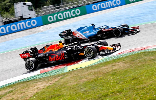 33 Max Verstappen NED, Red Bull Racing , 14 Fernando Alonso ESP, Alpine F1 Team , F1 Grand Prix of Austria at Red Bull Ring on July 4, 2021 in Spielberg, Austria Photo by HOCH ZWEI Spielberg Austria