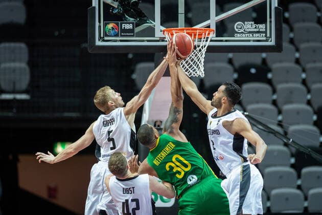 Basketball Split 04 07 2021 Olympic Qualification FIBA Olympic Qualifying Tournament 2020 Final Germany GER Brazil BRA rafael Hettsheimer Brazil, No 30 Nils Giffey Germany, No 05 Johannes Thiemann Germany, No 32 Andreas Obst Germany, No 42