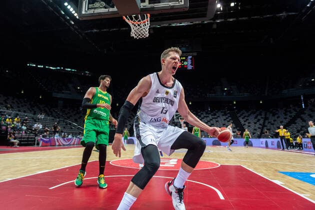 Basketball Split 04 07 2021 Olympic Qualification FIBA Olympic Qualifying Tournament 2020 Final Germany GER Brazil BRA Moritz Wagner Germany, No 13 Cheers Lucas Dias Brazil, No 18