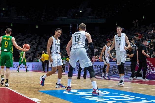 Basketball Split 04 07 2021 Olympic Qualifying FIBA Olympic Qualifying Tournament 2020 Final Germany GER Brazil BRA Cheers Moritz Wagner Germany, No 13 Maodo Lo Germany, No 04 Johannes Voigtmann Germany, No 07