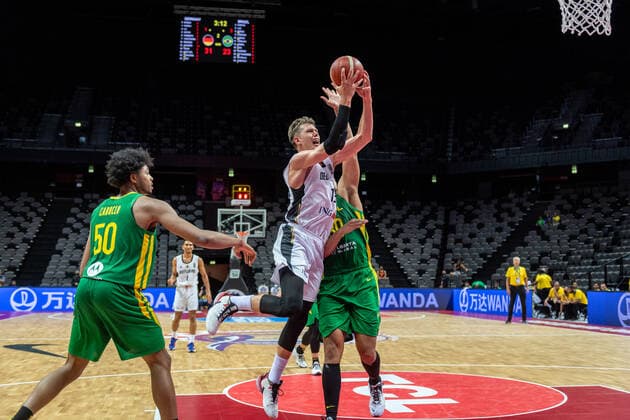 Basketball Split 04 07 2021 Olympic Qualification FIBA Olympic Qualifying Tournament 2020 Final Germany GER Brazil BRA Moritz Wagner Germany, No 13 Rafael Hettsheimeir Brazil, No 30 Bruno Caboclo Brazil, No 50