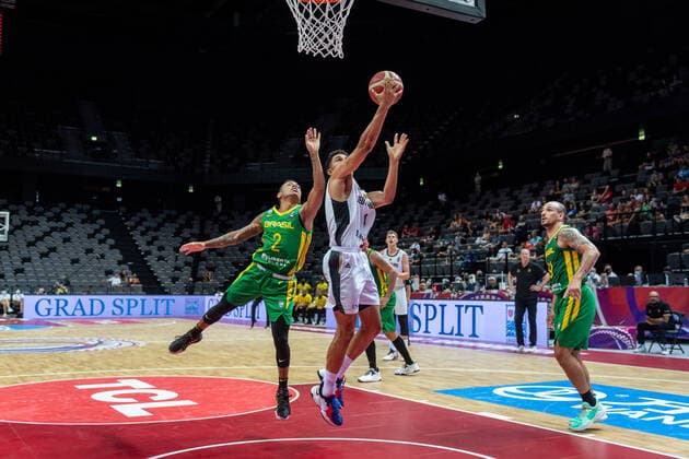 Basketball Split 04 07 2021 Olympic Qualifying FIBA Olympic Qualifying Tournament 2020 Final Germany GER Brazil BRA Maodo Lo Germany, No 04 Yago Santos Brazil, No 02