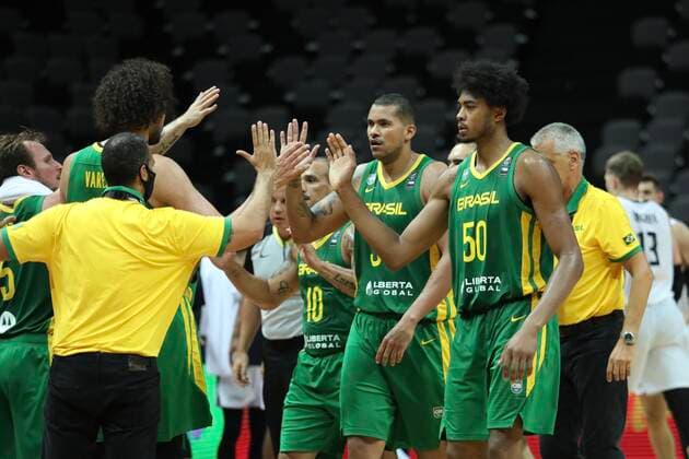Germany v Brazil - Final: 2020 FIBA Men s Olympic Qualifying Tournament Rafael Hettsheimeir of Brazil and Bruno Caboclo of Brazil high five during the 2020 FIBA Men s Olympic Qualifying Tournament final between Germany and Brazil at Spaladium Arena on July 4, 2021 in Split, Croatia. IvoxCagalj PIXSELL