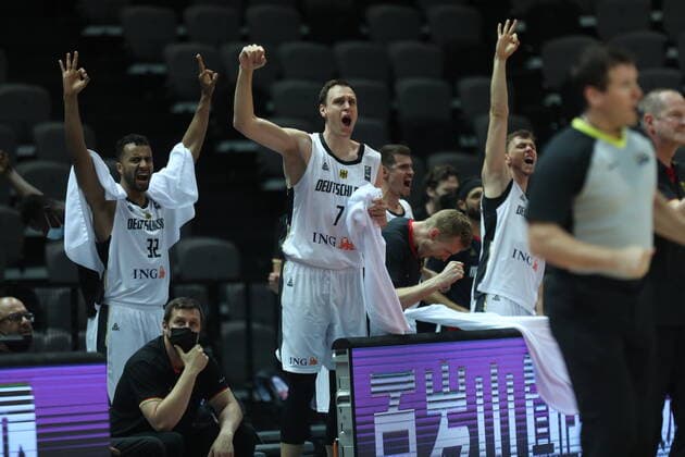 Germany v Brazil - Final: 2020 FIBA Men s Olympic Qualifying Tournament Johannes Thiemann of Germany and Johannes Voigtmann of Germany celebrate a point during the 2020 FIBA Men s Olympic Qualifying Tournament final between Germany and Brazil at Spaladium Arena on July 4, 2021 in Split, Croatia. IvoxCagalj PIXSELL