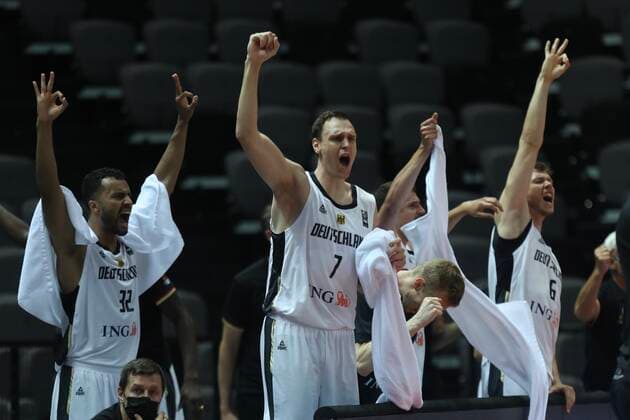 Germany v Brazil - Final: 2020 FIBA Men s Olympic Qualifying Tournament Johannes Thiemann of Germany and Johannes Voigtmann of Germany celebrate a point during the 2020 FIBA Men s Olympic Qualifying Tournament final between Germany and Brazil at Spaladium Arena on July 4, 2021 in Split, Croatia. IvoxCagalj PIXSELL