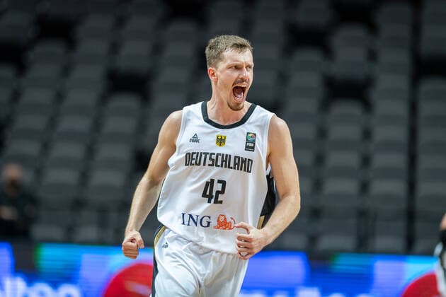 Basketball Split 04 07 2021 Olympic Qualification FIBA Olympic Qualifying Tournament 2020 Final Germany GER Brazil BRA Andreas Obst Germany, No 42 Cheers