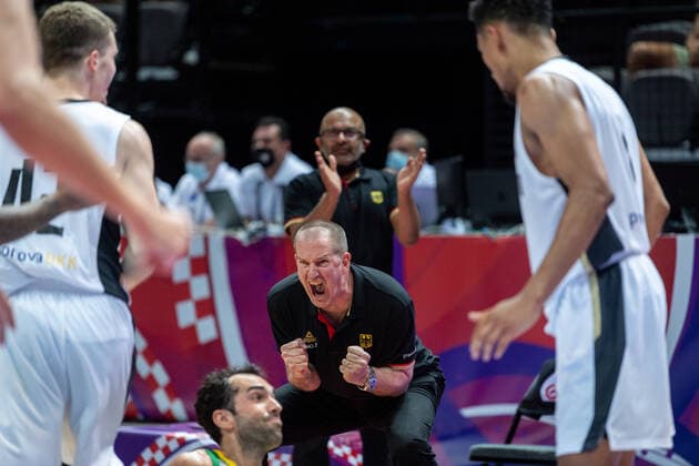 Basketball Split 04 07 2021 Olympic Qualification FIBA Olympic Qualifying Tournament 2020 Final Germany GER Brazil BRA Henrik Rödl Germany, national coach Rodl Roedl cheering