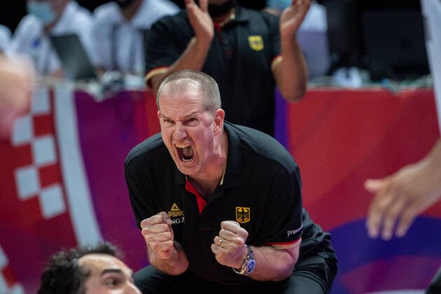 Basketball Split 04 07 2021 Olympic Qualification FIBA Olympic Qualifying Tournament 2020 Final Germany GER Brazil BRA Henrik Rödl Germany, national coach Rodl Roedl cheering