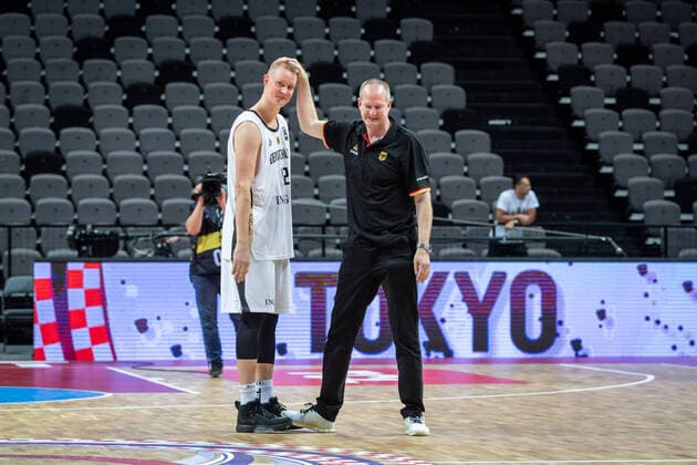 Basketball Split 04 07 2021 Olympic Qualification FIBA Olympic Qualifying Tournament 2020 Final Germany GER Brazil BRA Robin Benzing Germany, No 12 Henrik Rödl Germany, national coach Rodl Roedl Olympic Qualification Cheers