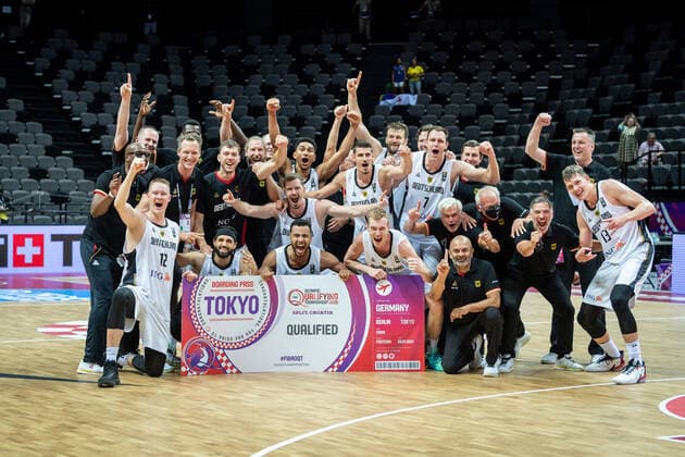 Basketball Split 04 07 2021 Olympic Qualification FIBA Olympic Qualifying Tournament 2020 Final Germany GER Brazil BRA Germany defeats Brazil to qualify for Tokyo Olympics Cheers Team Germany