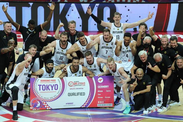 Germany v Brazil - Final: 2020 FIBA Men s Olympic Qualifying Tournament German players pose for a victory team photo after the 2020 FIBA Men s Olympic Qualifying Tournament final between Germany and Brazil at Spaladium Arena on July 4, 2021 in Split, Croatia. IvoxCagalj PIXSELL