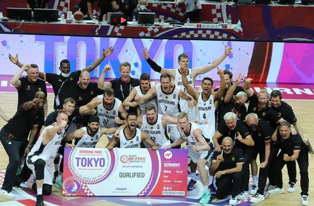 Germany v Brazil - Final: 2020 FIBA Men s Olympic Qualifying Tournament German players pose for a victory team photo after the 2020 FIBA Men s Olympic Qualifying Tournament final between Germany and Brazil at Spaladium Arena on July 4, 2021 in Split, Croatia. IvoxCagalj PIXSELL