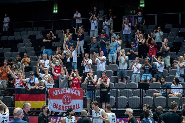 Basketball Split 04 07 2021 Olympic Qualifying FIBA Olympic Qualifying Tournament 2020 Final Germany GER Brazil BRA Germany qualifies for Tokyo Olympics with win over Brazil Cheering Germany German fans jubilant