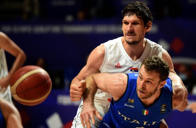04.07.2021 Belgrade Serbia-Italy FIBA Olympic qualifying tournament final men s basketball Nicolo Melli (front) Italy stopped Boban Marjanovic (behind) Serbia :Str