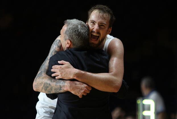 July 4, 2021, Victoria, BC, Canada: Czech Republic s Ondrej Balvin celebrates with head coach Ronen Ginzburg after their win over Greece in FIBA Men s Olympic Qualifying final basketball action at Memorial Arena in Victoria, B.C., on Sunday, July 4, 2021. Ondrej Balvin,Ronen Ginzburg  - ZUMAc35_ 20210704_zaf_c35_044 Copyright: xChadxHipolitox
