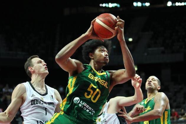 (210705) -- SPLIT (CROATIA), July 5, 2021 -- Bruno Caboclo of Brazil competes during the 2020 FIBA Men s Olympic Qualifying Tournament final match between Germany and Brazil in Split, Croatia, July 4, 2021. ( Pixsell via Xinhua) (SP)CROATIA-SPLIT-FIBA OQT-FINALS-BRAZIL VS GERMANY IvoxCagalj 