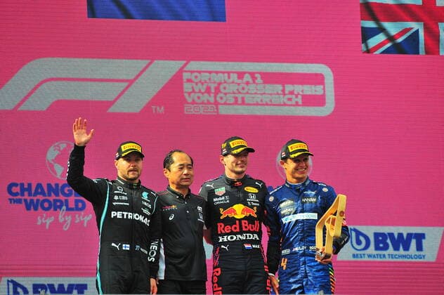 Formula 1 BWT Austrian Grand Prix 2021 04 07 2021, Red Bull Ring , Spielberg, Formula 1 BWT Austrian Grand Prix 2021 , in picture winner Max Verstappen NEL 33 , Red Bull Racing Honda, 2 place for Valtteri Bottas FIN 77 , Mercedes AMG Petronas Formula One Team, 3 place for Lando Norris GBR 4 , McLaren F1 Team nordphotoxGmbHx xBratic nph00250