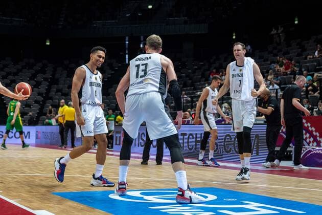 Basketball Split 04 07 2021 Olympic Qualifying FIBA Olympic Qualifying Tournament 2020 Final Germany GER Brazil BRA Cheers Moritz Wagner Germany, No 13 Maodo Lo Germany, No 04 Johannes Voigtmann Germany, No 07