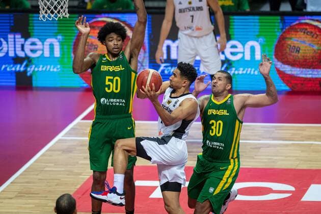 Basketball Split 04 07 2021 Olympic Qualification FIBA Olympic Qualifying Tournament 2020 Final Germany GER Brazil BRA Maodo Lo Germany, No 04 Bruno Caboclo Brazil, No 50 Rafael Hettsheimeir Brazil, No 30