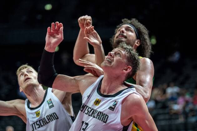 Basketball Split 04 07 2021 Olympic Qualifying FIBA Olympic Qualifying Tournament 2020 Final Germany GER Brazil BRA Moritz Wagner Germany, No 13 Anderson Varejao Brazil, No 11 Nils Giffey Germany, No 05 li