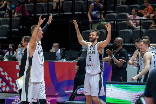 Basketball Split 04 07 2021 Olympic Qualification FIBA Olympic Qualifying Tournament 2020 Final Germany GER Brazil BRA Robin Benzing Germany, No 12 Danilo Barthel Germany, No 22 Cheers Germany